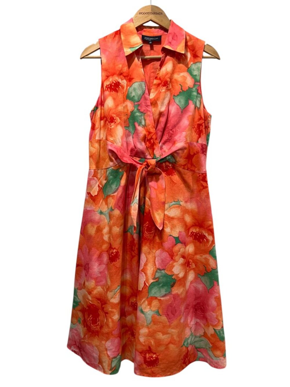 Jones New York Floral Linen Sleeveless Dress, Orange Pink, 12 - Picture 9 of 9